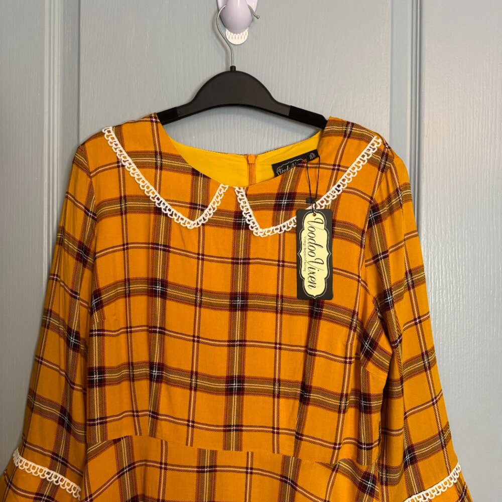 NWT Voodoo Vixen Harley Dress Size XL Yellow Plaid Embroidered Cottagecore FLAW - Picture 5 of 16